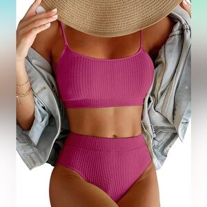 NWT Lilosy High Waisted Tummy Control Ribbed Bikini Crop Top Brazilian 2 Piece
